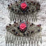 Red Rose cameo hair combs