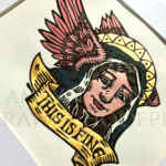 The Patron Saint of Brave Faces - Lino print - Hand Coloured -