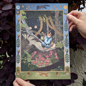 Haunted Glade Forest with Cat - A4 Wall Art Poster, Art Nouveau inspired, Slavic Folktale Art
