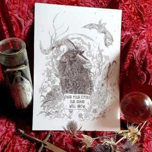 Print of a goat silhouetted by the full moon. He is accompanied by a bat, an owl and a hare.