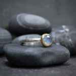 Handmade sterling silver, 18k gold and rainbow moonstone ring.