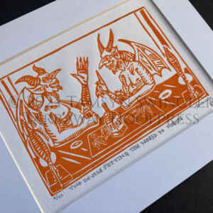 Two Devils Putting the World to Rights in Orange - Lino Print