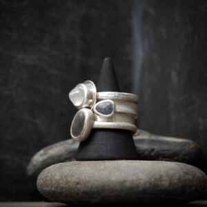 Handmade Aquamarine, Sapphire and Beach pebble stacking ring set.