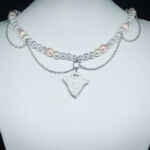 Pearlscent Afterlife gothic choker necklace with polymer ghost charm, grey and black pearl beads, handmade with stainless steel chain