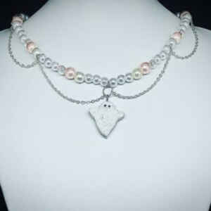 Pearlscent Afterlife gothic choker necklace with polymer ghost charm, grey and black pearl beads, handmade with stainless steel chain