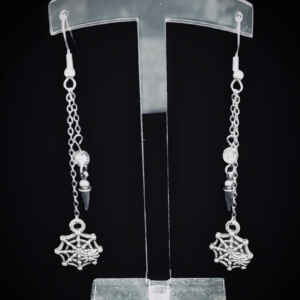Caught in a web Earrings, Halloween Skull Dangles, Polymer Bead Jewelry, skull, witchy, gothic, Sterling Silver Hooks, Spooky Accessories