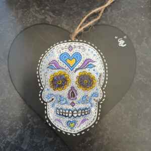 Small slate heart; sugar skull design