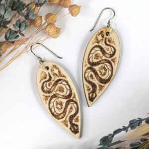 Mystical Snake Wooden Earrings, Hand drawn Pyrography, Gift for Women, Gift for her, Witchy vibes, Pagan aesthetic