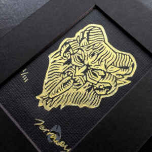 6 Horned Krampus Mini Lino Print - Gold on Black