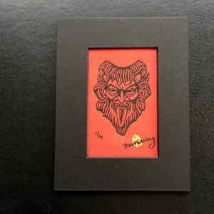 6 Horned Krampus Mini Lino Print - Black on Red