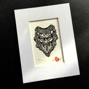 6 Horned Krampus Mini Lino Print - Black on White