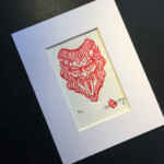 6 Horned Krampus Mini Lino Print - Red on White