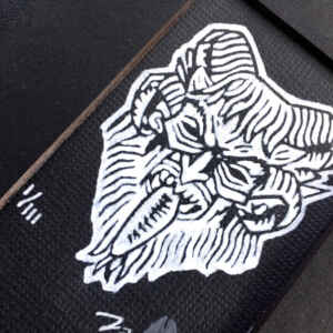6 Horned Krampus Mini Lino Print - White on Black