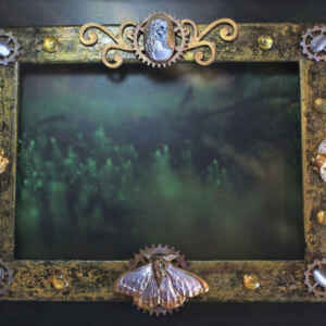 Steampunk A5 Photo Frame with Gold Clay Moth Bee Skull & Cogs Upcycled Shabby