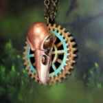 Steampunk Necklace Pendant Bronze Crow Raven Skull Cogs Chain Handmade