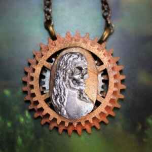 Steampunk Necklace Pendant Silver Cameo Skull Cogs Chain Handmade