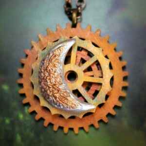 Steampunk Necklace Pendant Silver Crescent Moon Cogs Chain Handmade