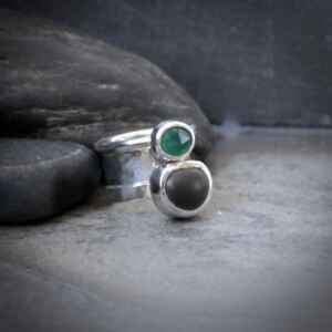 handmade sterling silver, Green Onyx and beach pebble stacking ring set.