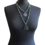 Double green moss necklace with inverted pentagram and Satanic cross pendants