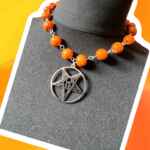 Pumpkin orange choker with stainless steel Baphomet pendant