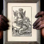 AGARES - Handmade print from a wooden matrix, with frame, around 25cm per 20cm.