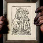 BARBATOS - Handmade print from a wooden matrix, with frame, around 25cm per 20cm.