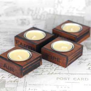 Wooden Wicca elemental candle holders for wiccan or pagan altar tools. Ritual candle holders great witchcraft starter kit or Wicca gift.
