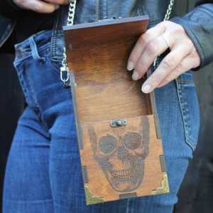 Wooden purse with skull design and living hinge, skull purse, wooden handbag, small handbag, purse with skull, skull bag, gothic purse