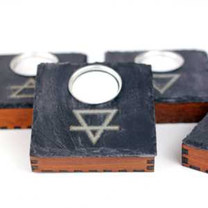 Slate and wood engraved Wiccan elemental candle holders for wiccan or pagan altar tools.