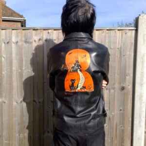 Halloween Vintage Beistle Design handpainted on Leather Jacket | Black Cats | Pumpkins | Spooky | Haunted House