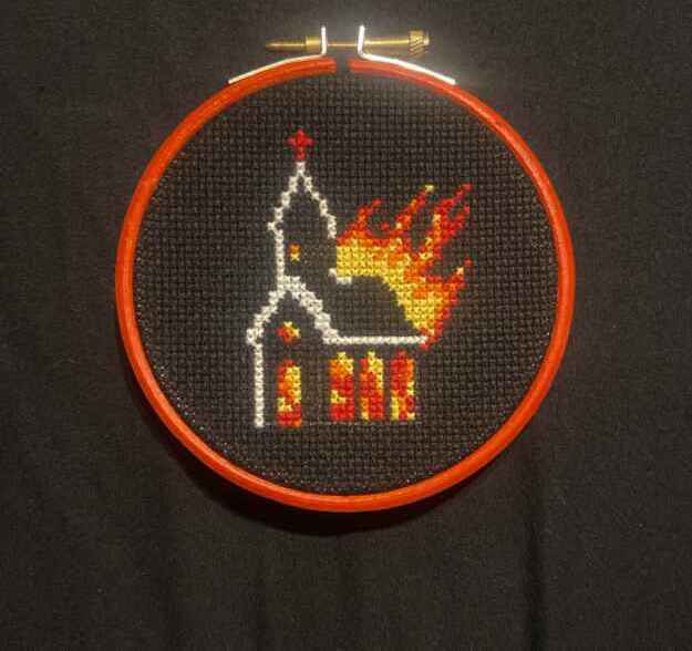 Burning church cross stitch